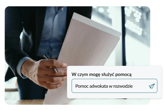 Osoba trzymająca dokumenty związane ze sporządzeniem pozwu o alimenty, z widoczną opcją pomocy adwokata w sprawach rozwodowych.