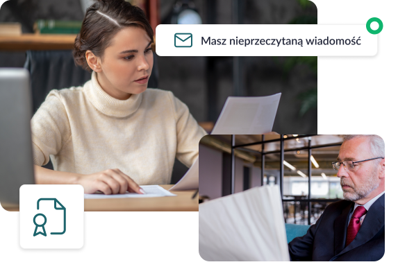 Kobieta przeglądająca dokumenty rozwodowe i analizująca treść otrzymanej wiadomości, oraz mężczyzna w średnim wieku czytający dokumenty dotyczące odpowiedzi na pozew rozwodowy.