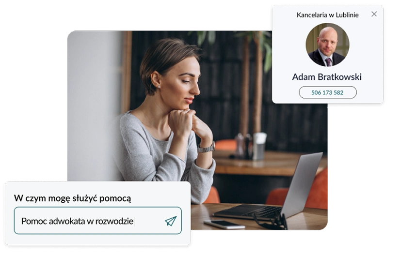 Kobieta konsultująca się online z adwokatem w sprawie rozwodu, na ekranie widoczny profil Adama Bratkowskiego, adwokata specjalizującego się w sprawach rozwodowych.