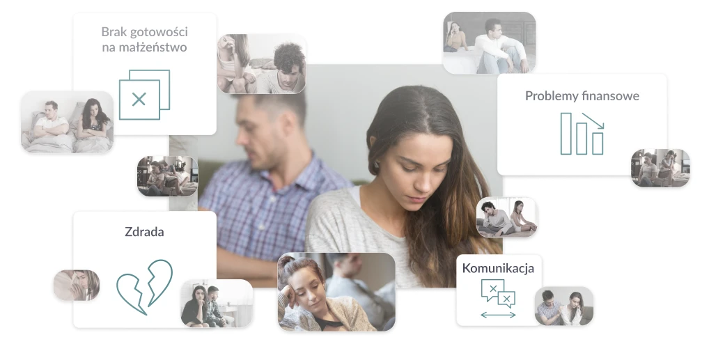 Ilustracja przedstawiająca najczęstsze powody rozwodów, takie jak brak gotowości na małżeństwo, problemy finansowe, zdrada oraz trudności w komunikacji.